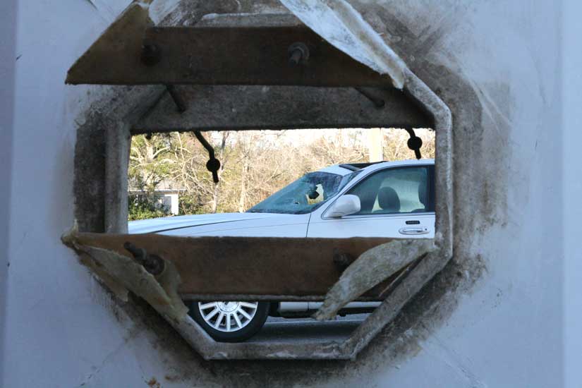 Look through steeple at car